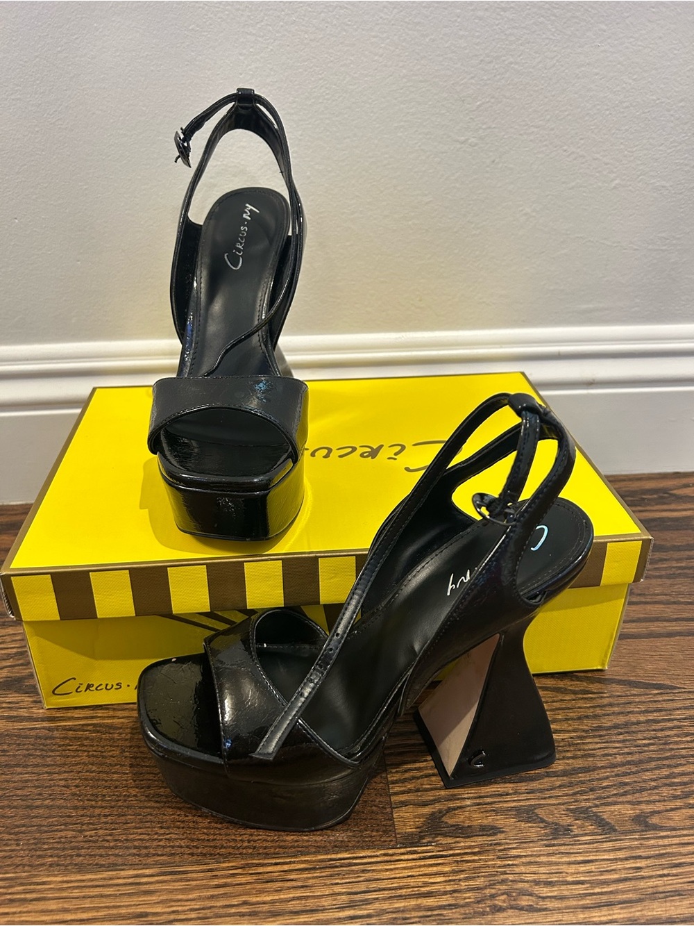 Sam Edelman Black Patent Platform Sandals with Sculpted Block Heels